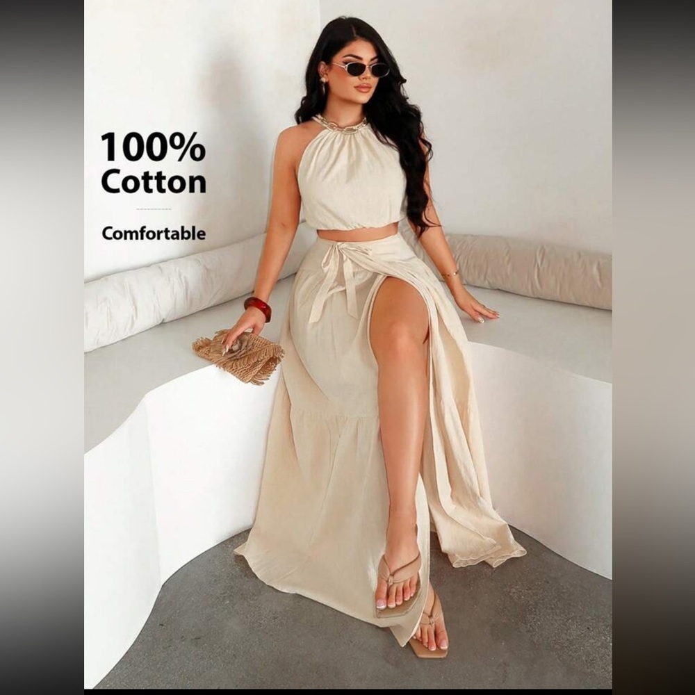 Cream Maxi Skirt with Tie Front and Slit and matching top for Resort Wear
